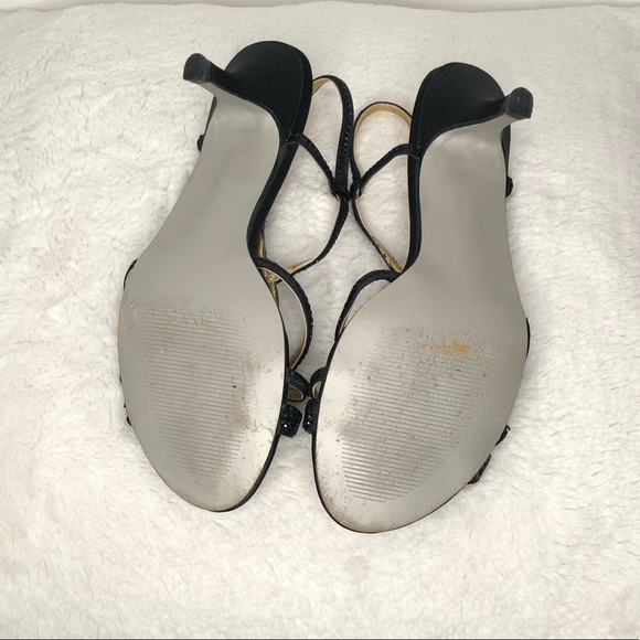 Black Strappy Kitten Heel Sandals with Black Rhinestones (Size 8) - Picture 3 of 4